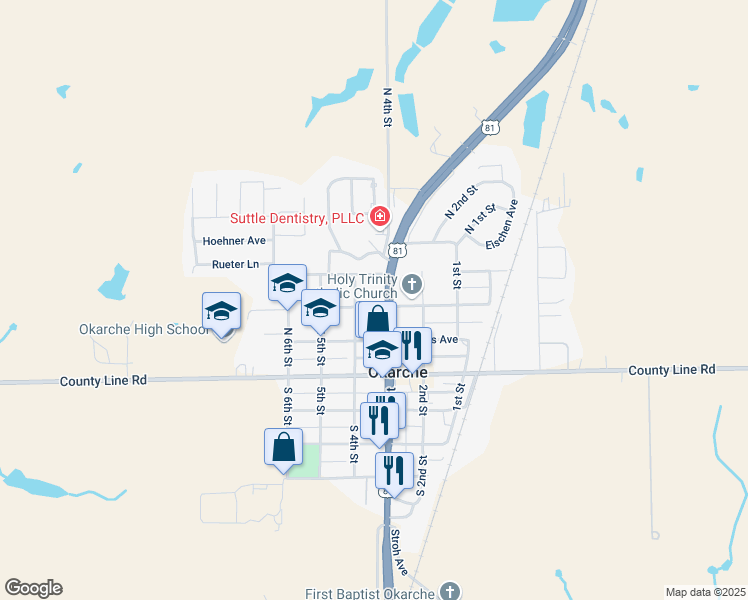 map of restaurants, bars, coffee shops, grocery stores, and more near 309 North Main Street in Okarche