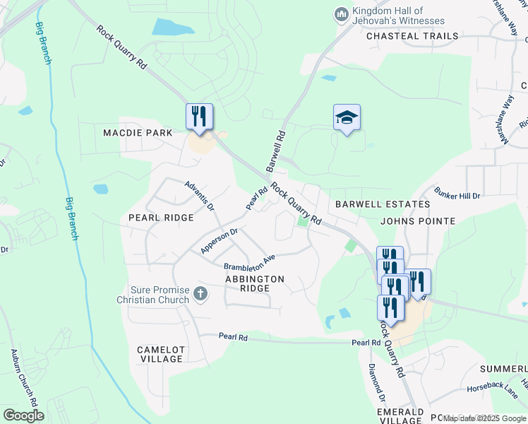map of restaurants, bars, coffee shops, grocery stores, and more near 3801 Pearl Road in Raleigh