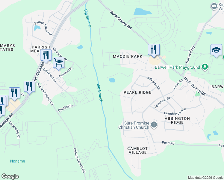 map of restaurants, bars, coffee shops, grocery stores, and more near 5409 Landreaux Drive in Raleigh