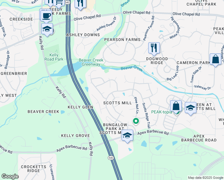 map of restaurants, bars, coffee shops, grocery stores, and more near 113 Rushing Breeze Court in Apex