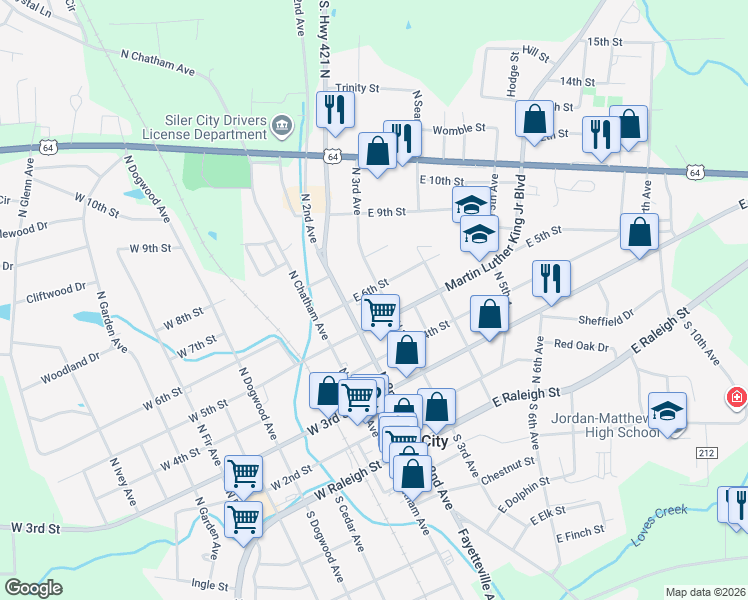 map of restaurants, bars, coffee shops, grocery stores, and more near 507 North 3rd Avenue in Siler City