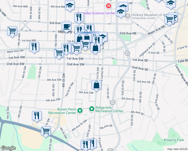 map of restaurants, bars, coffee shops, grocery stores, and more near 320 1st Street Southwest in Hickory