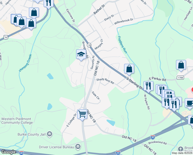 map of restaurants, bars, coffee shops, grocery stores, and more near 117A/F Old N C 18 in Morganton
