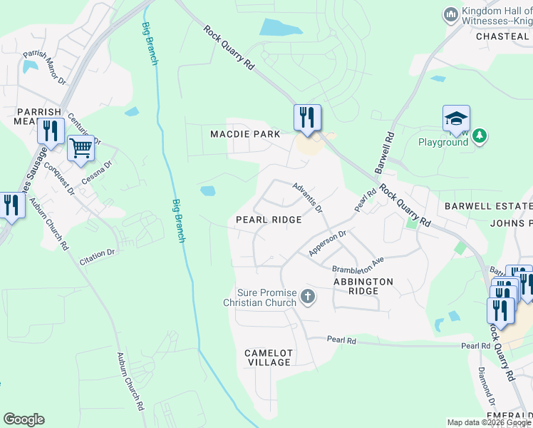 map of restaurants, bars, coffee shops, grocery stores, and more near 5423 Gunnette Drive in Raleigh