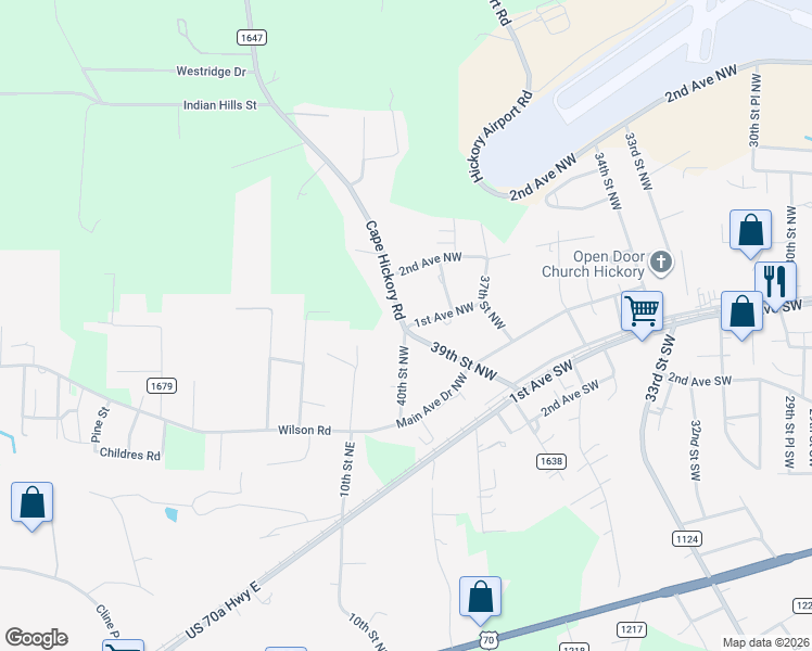 map of restaurants, bars, coffee shops, grocery stores, and more near 100 Cape Hickory Road in Hickory