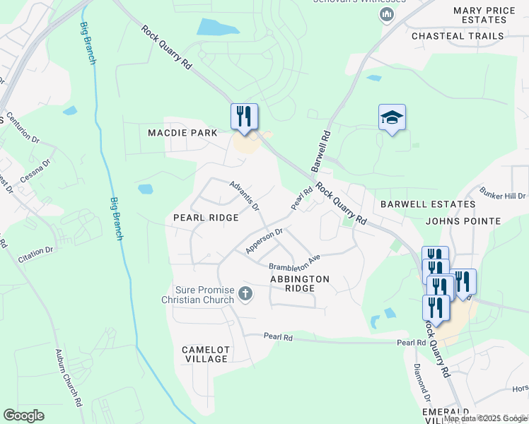 map of restaurants, bars, coffee shops, grocery stores, and more near 5609 Advantis Drive in Raleigh