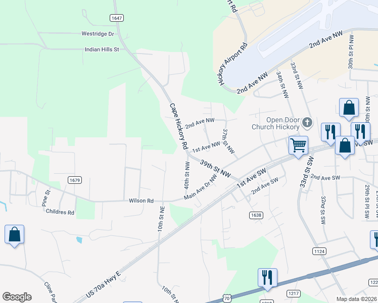 map of restaurants, bars, coffee shops, grocery stores, and more near 100 Cape Hickory Road in Hickory