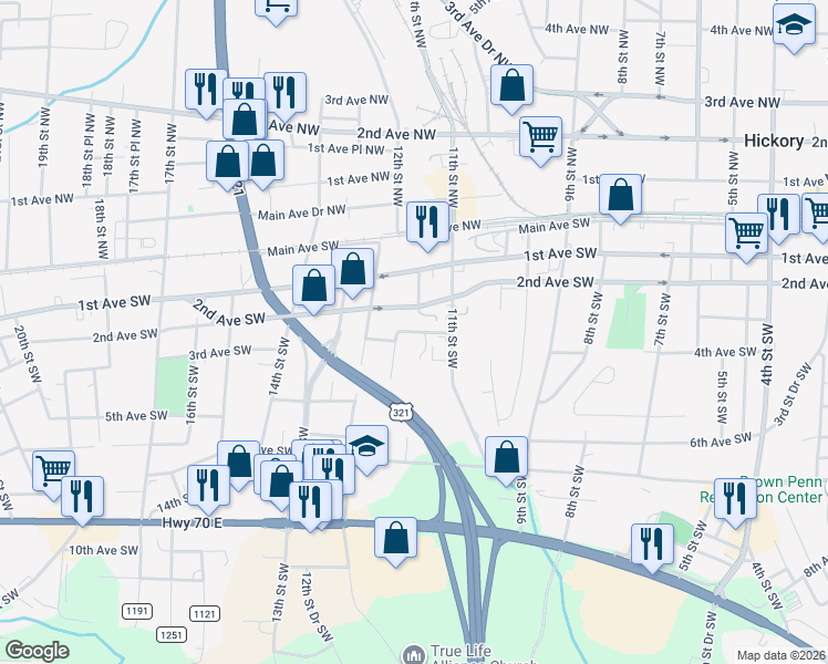 map of restaurants, bars, coffee shops, grocery stores, and more near 1115 3rd Avenue Southwest in Hickory