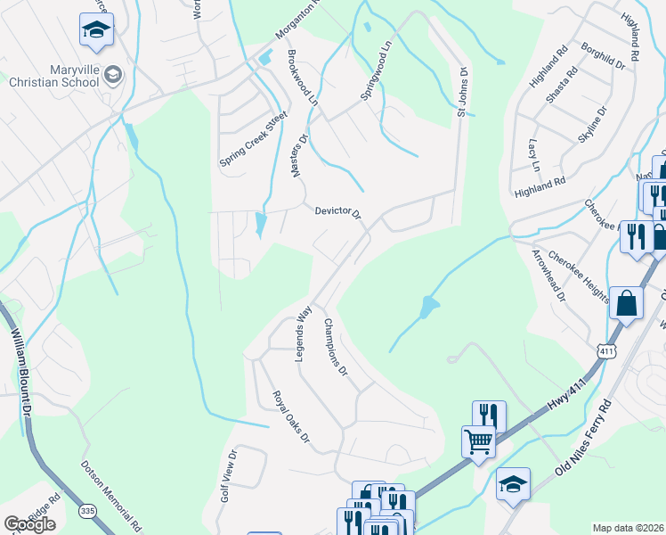 map of restaurants, bars, coffee shops, grocery stores, and more near 4123 Legends Way in Maryville