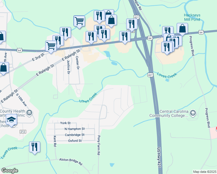 map of restaurants, bars, coffee shops, grocery stores, and more near 1103 Sunrise Place in Siler City
