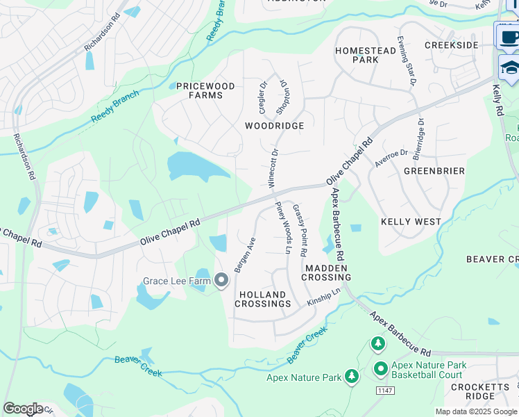 map of restaurants, bars, coffee shops, grocery stores, and more near 106 Bergen Avenue in Apex