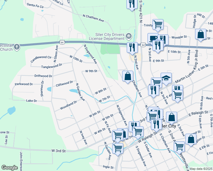 map of restaurants, bars, coffee shops, grocery stores, and more near 404 West 8th Street in Siler City