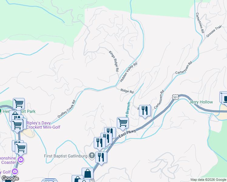 map of restaurants, bars, coffee shops, grocery stores, and more near 504 Ridge Road in Gatlinburg