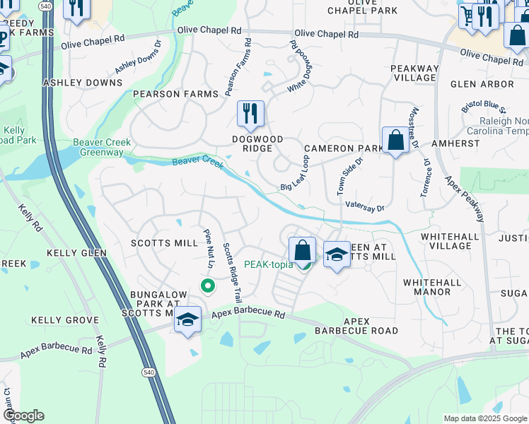 map of restaurants, bars, coffee shops, grocery stores, and more near 410 Maple Creek Court in Apex