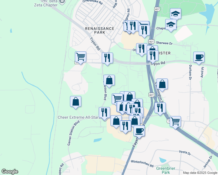 map of restaurants, bars, coffee shops, grocery stores, and more near 3809 Junction Boulevard in Raleigh