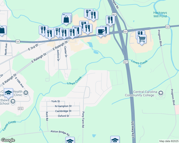 map of restaurants, bars, coffee shops, grocery stores, and more near 1103 Sunrise Place in Siler City