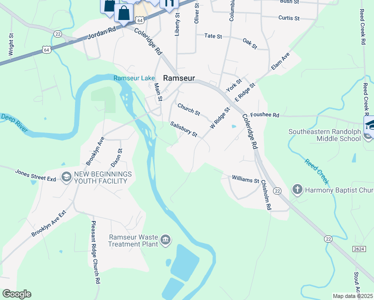 map of restaurants, bars, coffee shops, grocery stores, and more near 1328 West Ridge Street in Ramseur