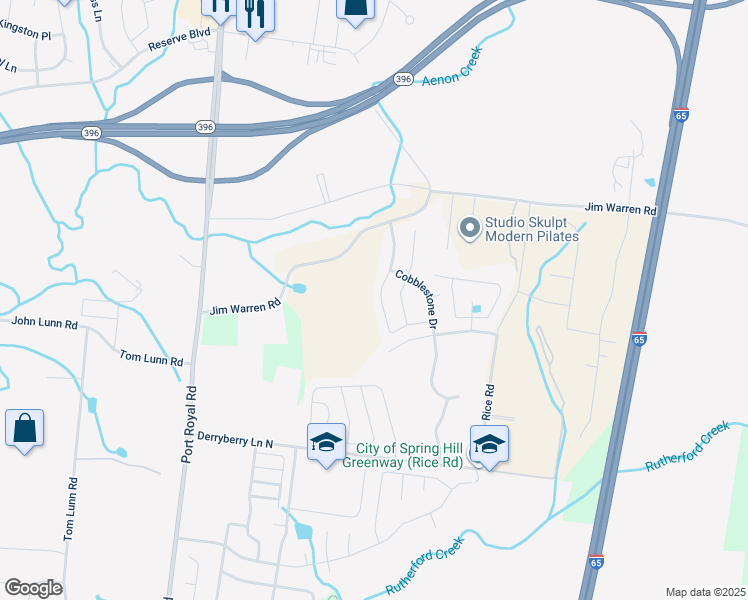 map of restaurants, bars, coffee shops, grocery stores, and more near 1020 Timber Valley Way in Spring Hill