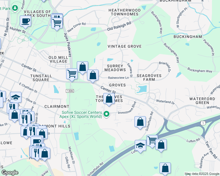 map of restaurants, bars, coffee shops, grocery stores, and more near 850 Myrtle Grove Lane in Apex