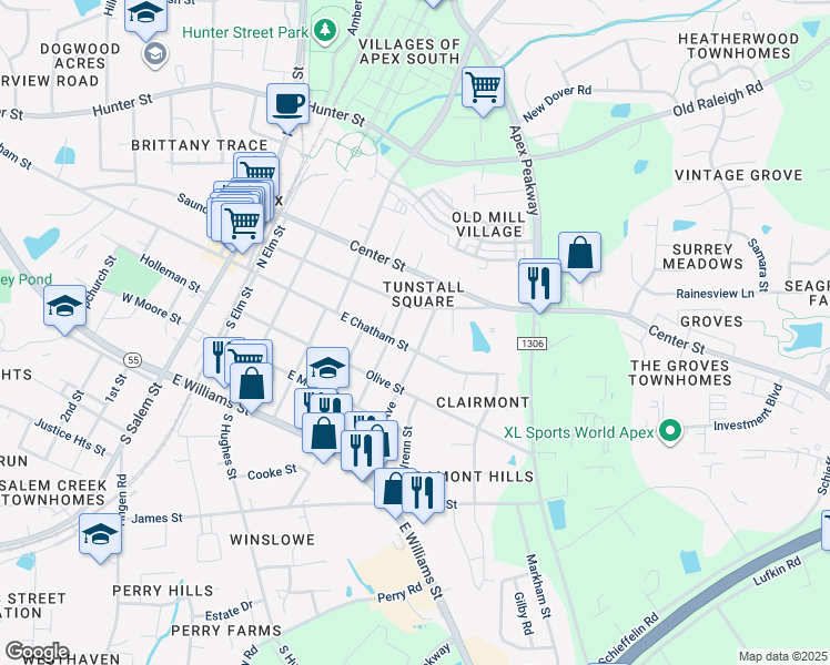 map of restaurants, bars, coffee shops, grocery stores, and more near 105 North Tunstall Avenue in Apex