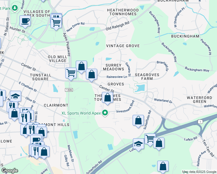 map of restaurants, bars, coffee shops, grocery stores, and more near 850 Myrtle Grove Lane in Apex