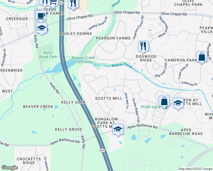 map of restaurants, bars, coffee shops, grocery stores, and more near 101 Cedar Wynd Drive in Apex