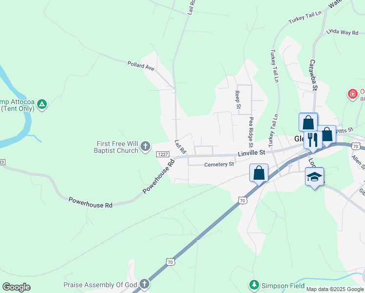 map of restaurants, bars, coffee shops, grocery stores, and more near 2835 Lail Road in Morganton