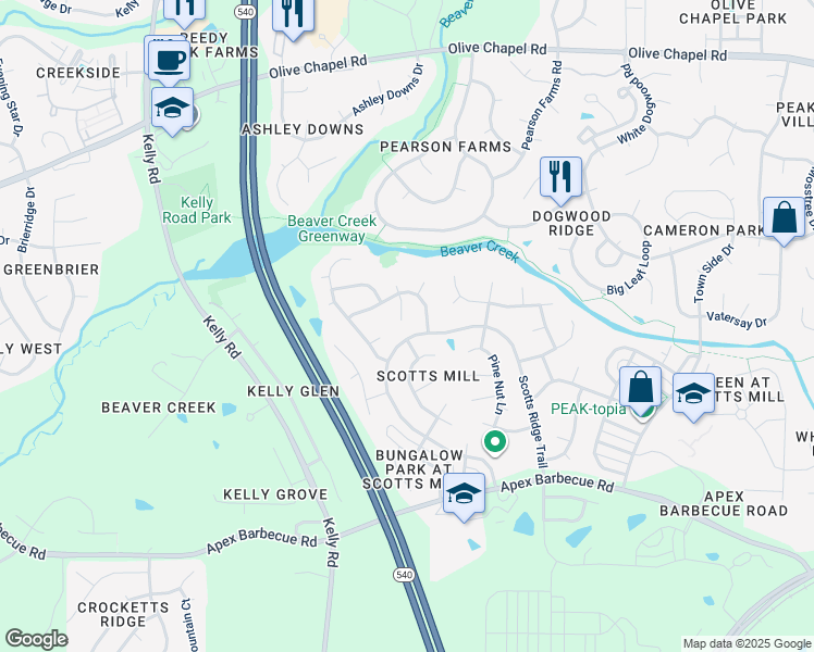 map of restaurants, bars, coffee shops, grocery stores, and more near 113 Rushing Breeze Court in Apex