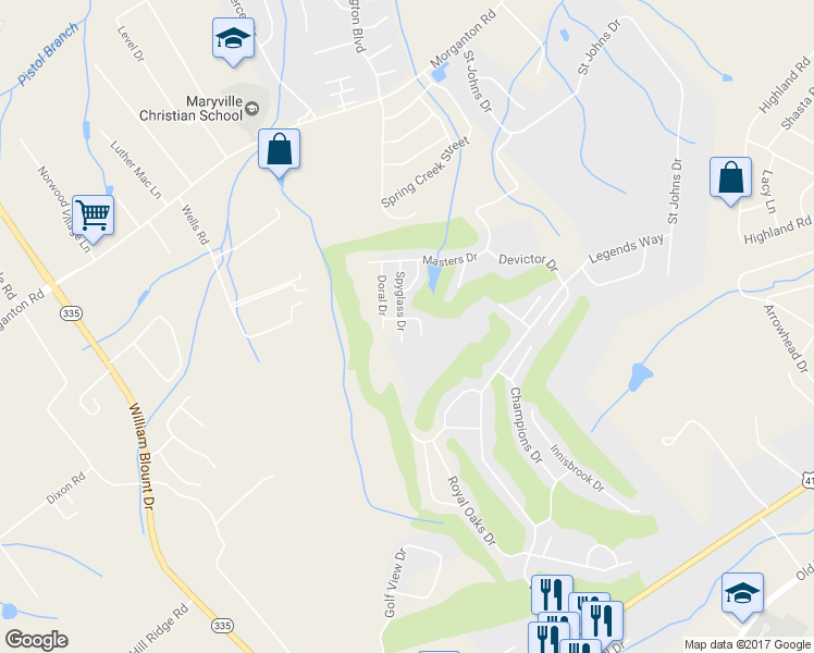 map of restaurants, bars, coffee shops, grocery stores, and more near 3884 Spyglass Dr in Maryville