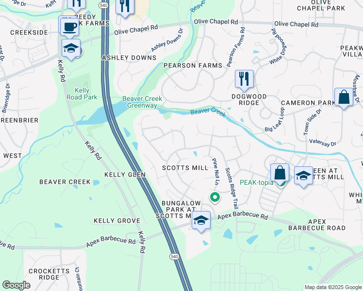 map of restaurants, bars, coffee shops, grocery stores, and more near 101 Cedar Wynd Drive in Apex