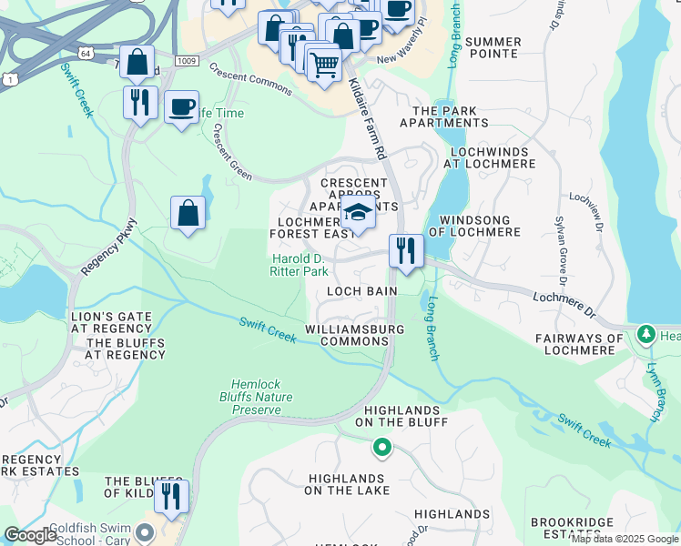 map of restaurants, bars, coffee shops, grocery stores, and more near 103 Maclaurin Street in Cary