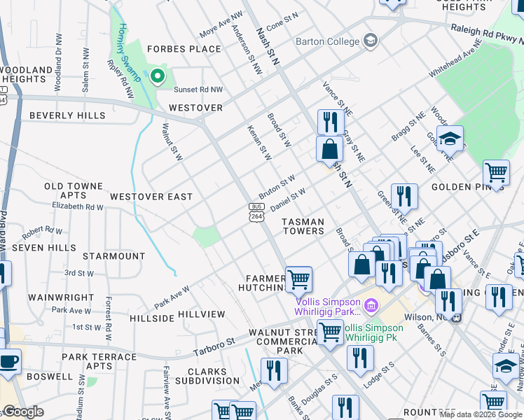 map of restaurants, bars, coffee shops, grocery stores, and more near 505 Hines Street West in Wilson