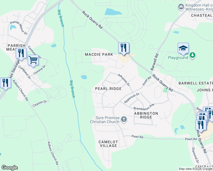 map of restaurants, bars, coffee shops, grocery stores, and more near 5423 Gunnette Drive in Raleigh