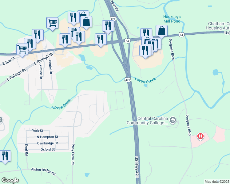 map of restaurants, bars, coffee shops, grocery stores, and more near 1201 French Street in Siler City
