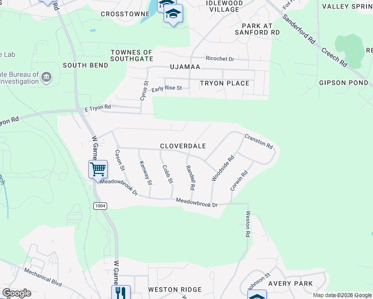 map of restaurants, bars, coffee shops, grocery stores, and more near 1229 Southerlund Road in Garner