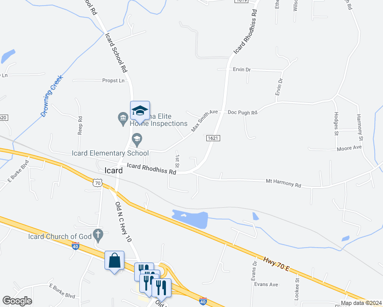 map of restaurants, bars, coffee shops, grocery stores, and more near 7885 Clay Bank Street in Connelly Springs