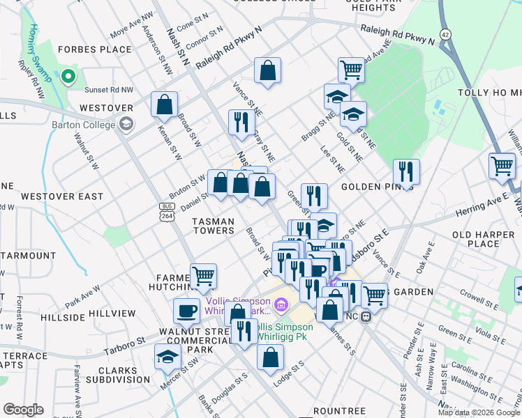 map of restaurants, bars, coffee shops, grocery stores, and more near 303 Nash Street Northeast in Wilson