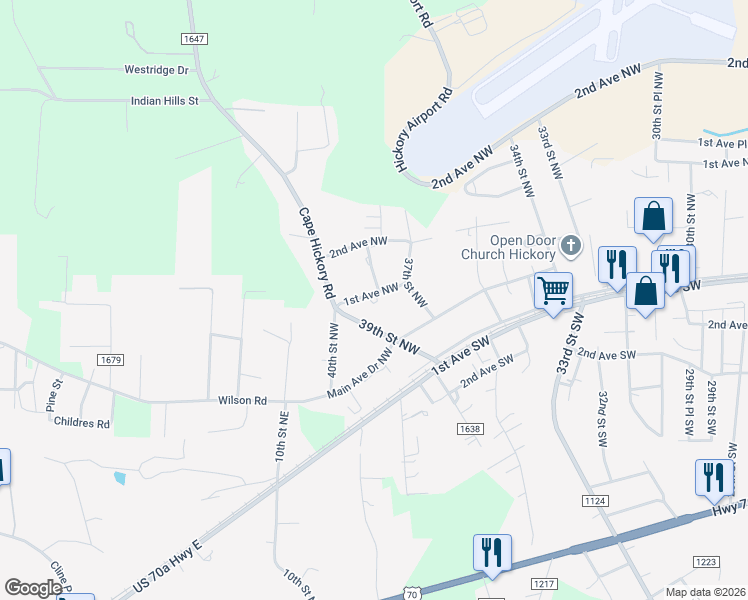 map of restaurants, bars, coffee shops, grocery stores, and more near 3809 1st Avenue Northwest in Hickory