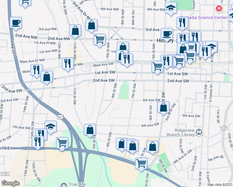 map of restaurants, bars, coffee shops, grocery stores, and more near 253 8th Street Southwest in Hickory