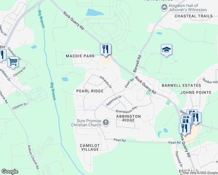 map of restaurants, bars, coffee shops, grocery stores, and more near 5600 Advantis Drive in Raleigh