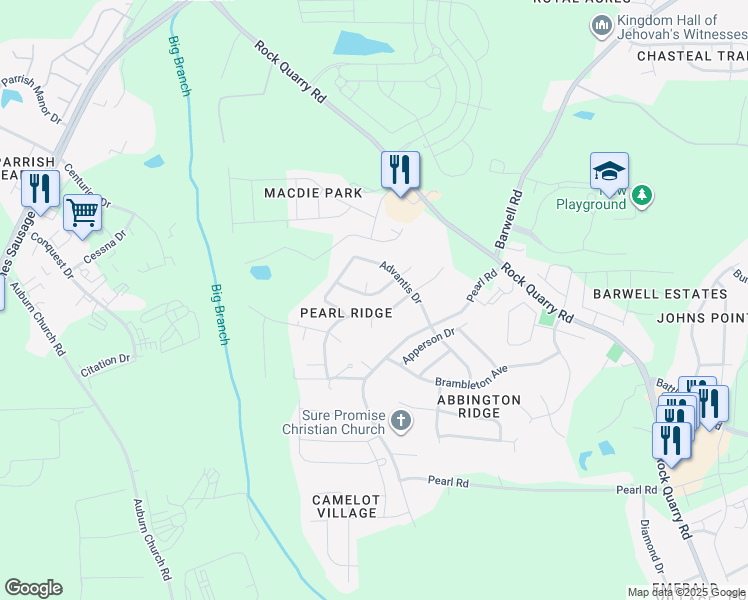 map of restaurants, bars, coffee shops, grocery stores, and more near 4029 Scofield Drive in Raleigh