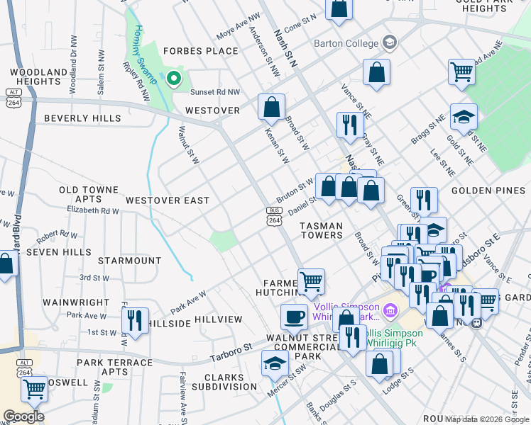 map of restaurants, bars, coffee shops, grocery stores, and more near 505 Hines Street West in Wilson