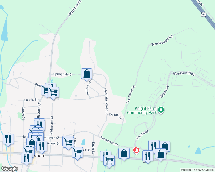 map of restaurants, bars, coffee shops, grocery stores, and more near 410 Chatham Forest Drive in Pittsboro
