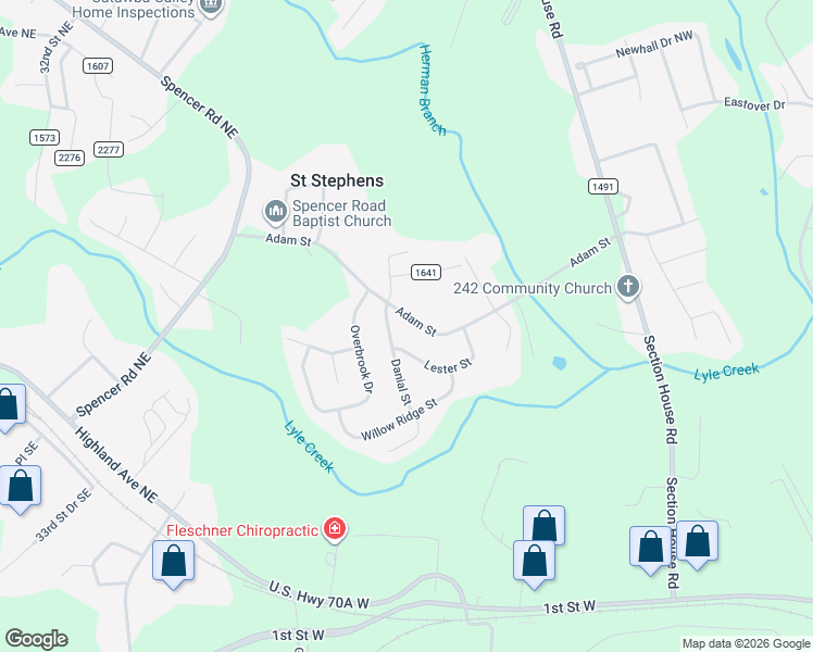 map of restaurants, bars, coffee shops, grocery stores, and more near 1915 Adam Street in Conover