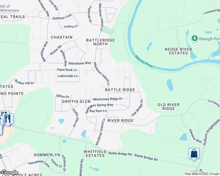 map of restaurants, bars, coffee shops, grocery stores, and more near 3701 Mackinac Island Lane in Raleigh