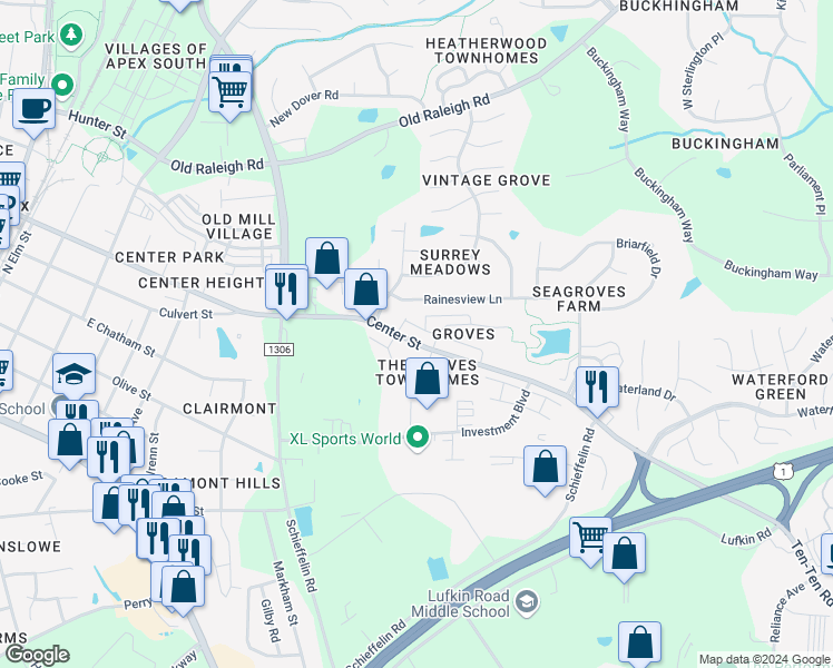 map of restaurants, bars, coffee shops, grocery stores, and more near 850 Myrtle Grove Lane in Apex