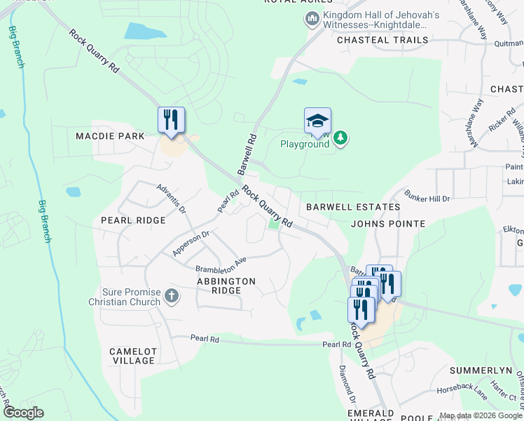 map of restaurants, bars, coffee shops, grocery stores, and more near 3844 Volkswalk Place in Raleigh