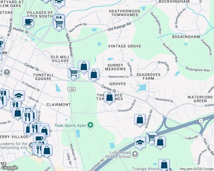 map of restaurants, bars, coffee shops, grocery stores, and more near 850 Myrtle Grove Lane in Apex