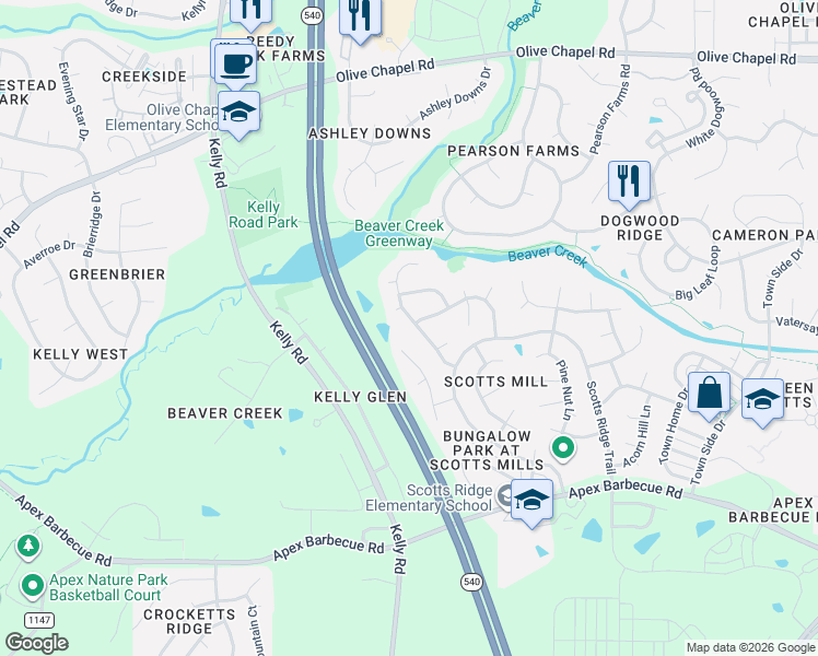 map of restaurants, bars, coffee shops, grocery stores, and more near 127 Magnolia Breeze Court in Apex