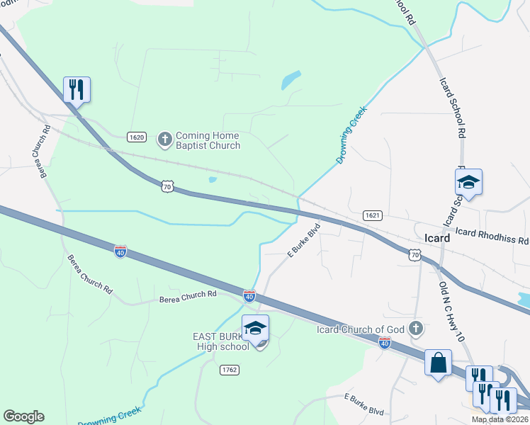 map of restaurants, bars, coffee shops, grocery stores, and more near 1822 U.S. 70 in Connelly Springs